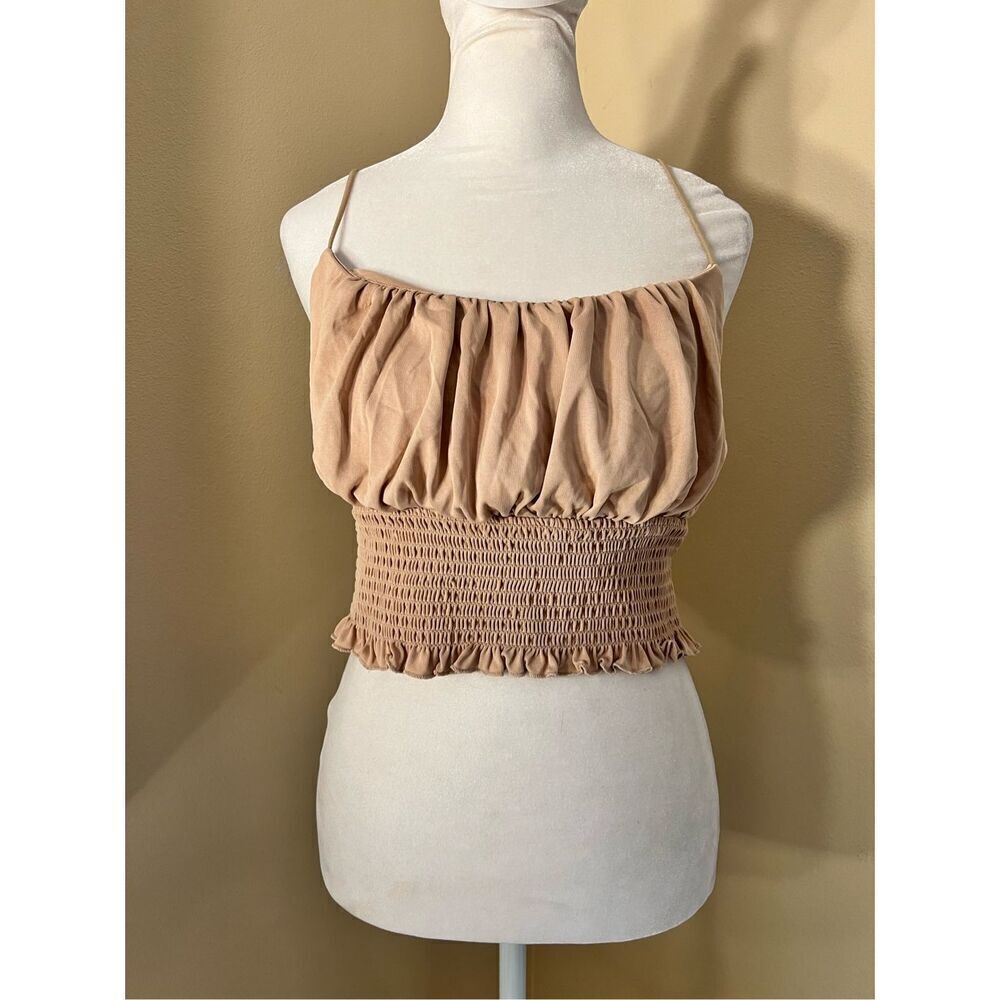 Love Tree Beige Tan Brown Pleated Smocked Ruffle Crop Top Medium